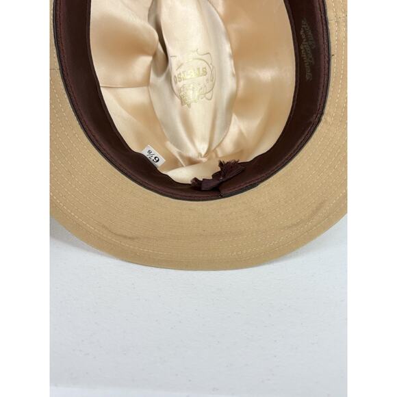 Vintage Stetson Fedora Adult 6 7/8 Beige Genuine Suede With Feathers Hipster - Picture 9 of 10